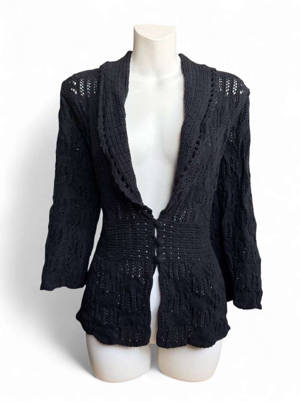 JM Collection Black Open-Weave Buttoned Shawl Collar Cardigan